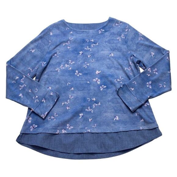 Croft & Barrow Blue Butterfly Long Sleeve Layered Look Top Sz PXL - Picture 2 of 6